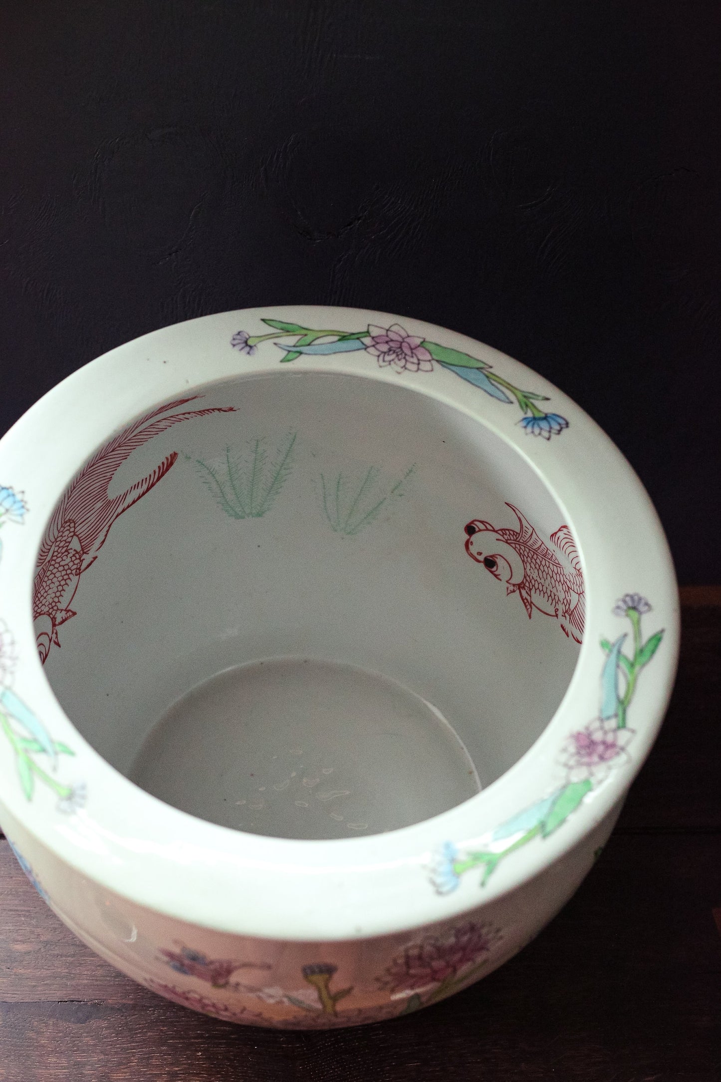 Large Hand Painted Porcelain Jardiniere - Vintage Chinese Koi Floral Pastel Painted Indoor Planter