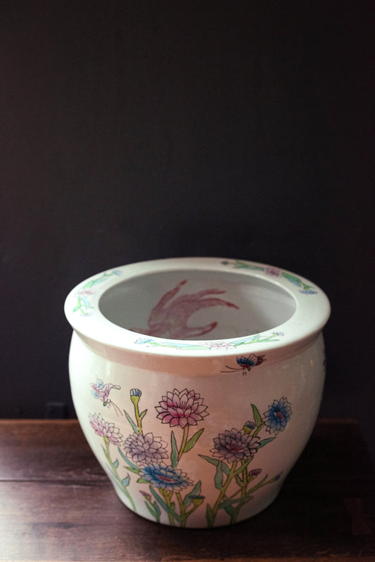 Large Hand Painted Porcelain Jardiniere - Vintage Chinese Koi Floral Pastel Painted Indoor Planter