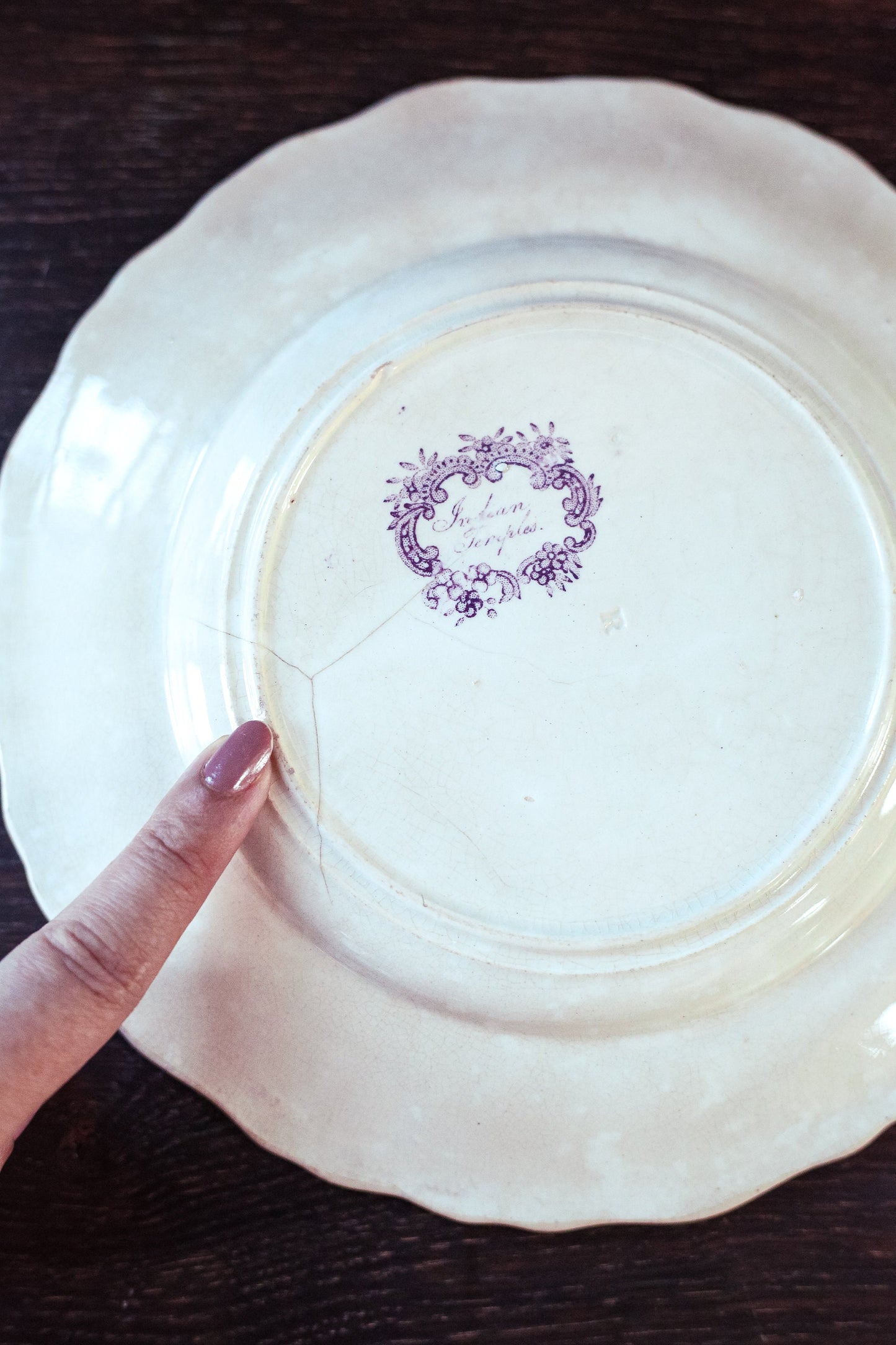 1800's Mulberry Transferware Ironstone Plate - Antique Purple Indian Temples Toile Plate with Damage/Crack