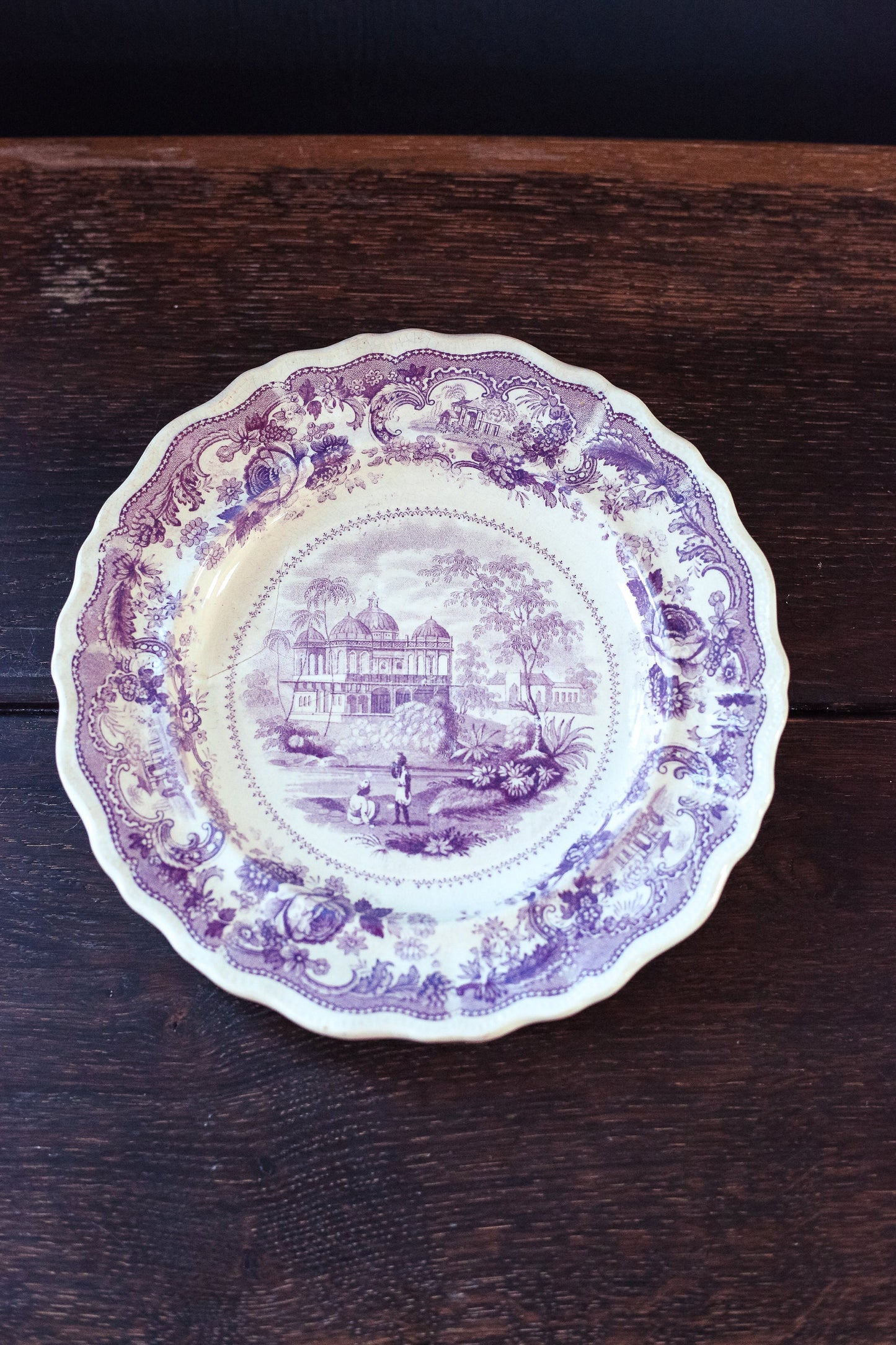 1800's Mulberry Transferware Ironstone Plate - Antique Purple Indian Temples Toile Plate with Damage/Crack