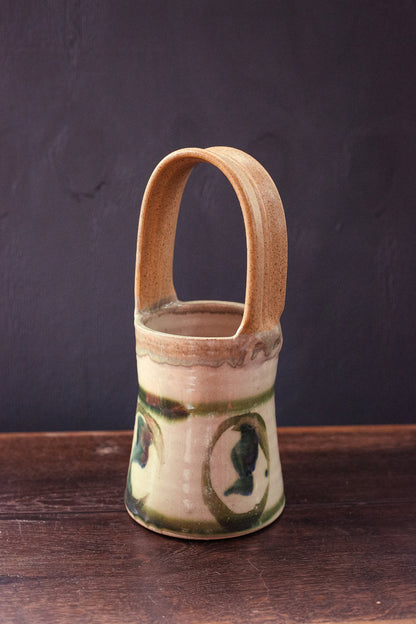 Ecru and Olive Glazed Ceramic Basket Vase - Vintage Studio Pottery Signed RB