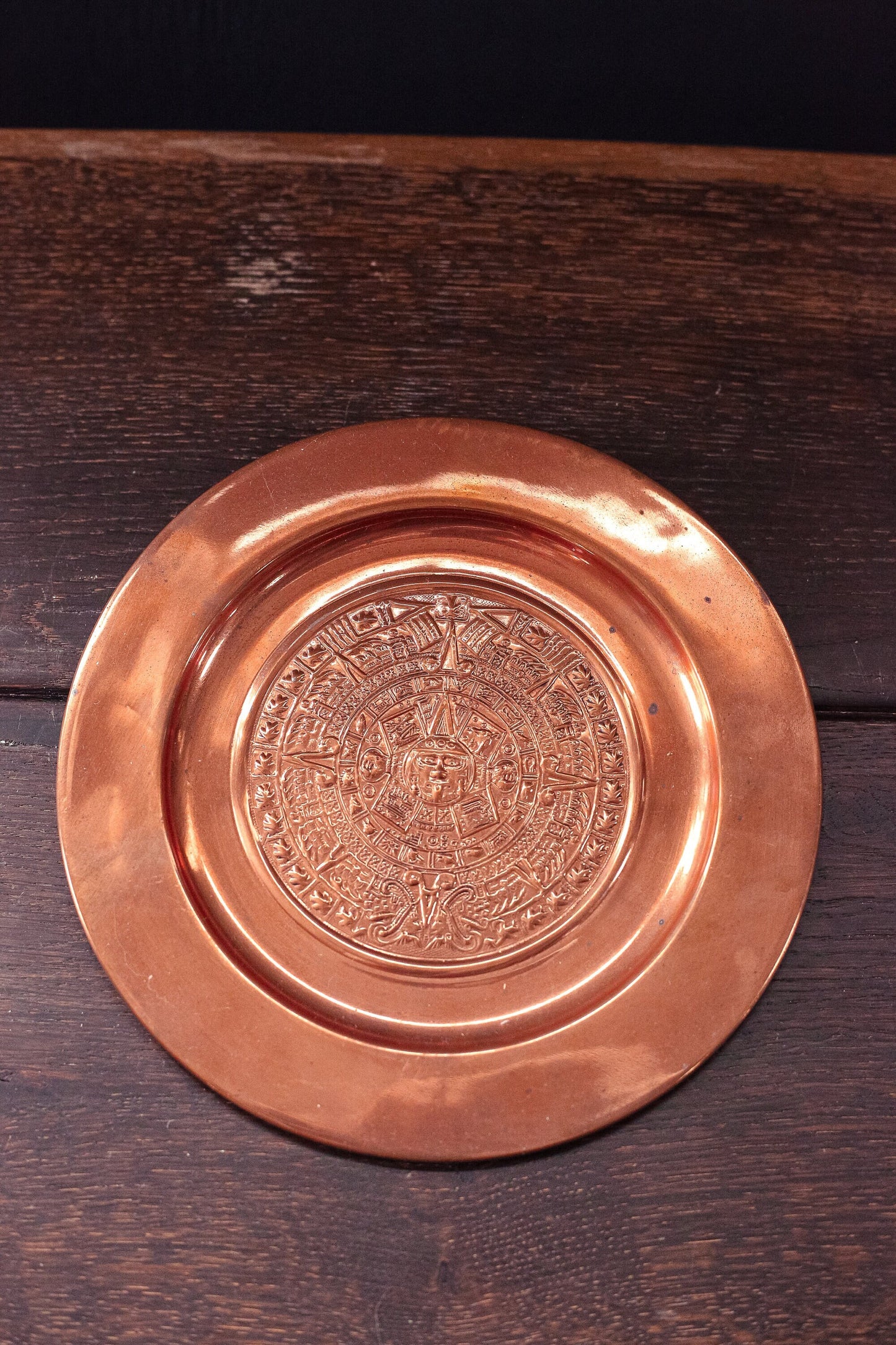 Vintage Mayan Motif Copper Wall Plate - Pressed Copper Wall Hanging