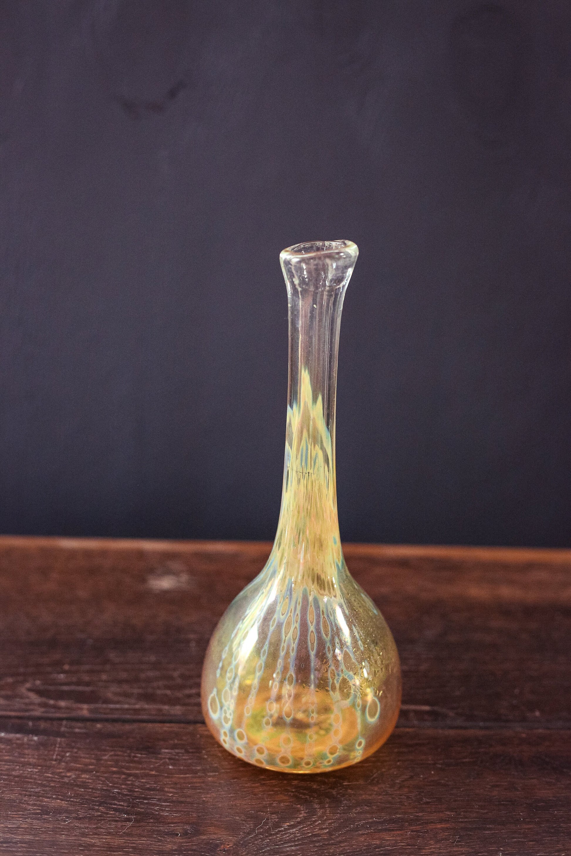 Yellow and Clear Studio Glass Vase with Iridescent Finish - Vintage Hand Blow Glass Bud Vase