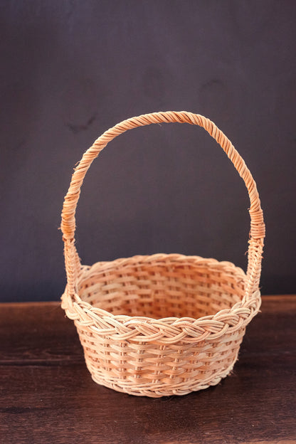 Light Stripe Round Wicker Basket with Handle - Vintage Basket Decor