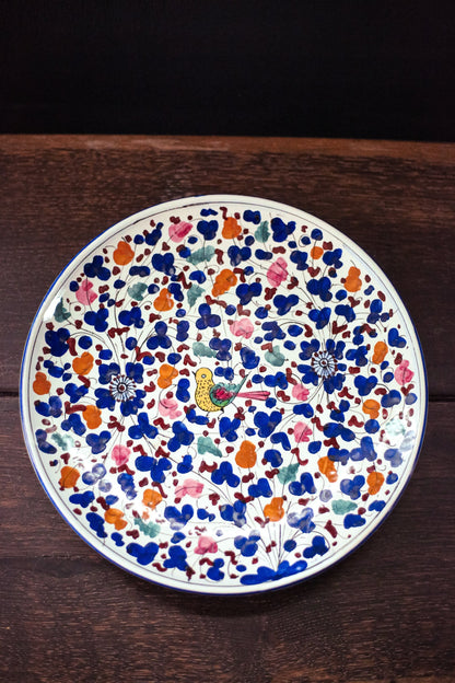 Colorful Handpainted Wall Plate with Bird - Vintage Blue White Plate