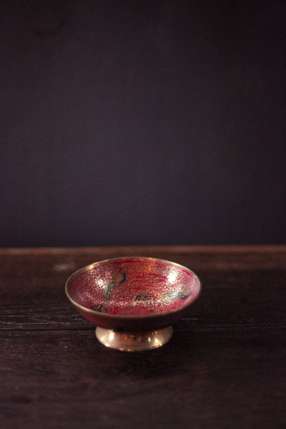 Small Brass Enamel Trinket Dish with Peacock and Elephant Motif - Vintage Red Enameled Brass Ring Bowl