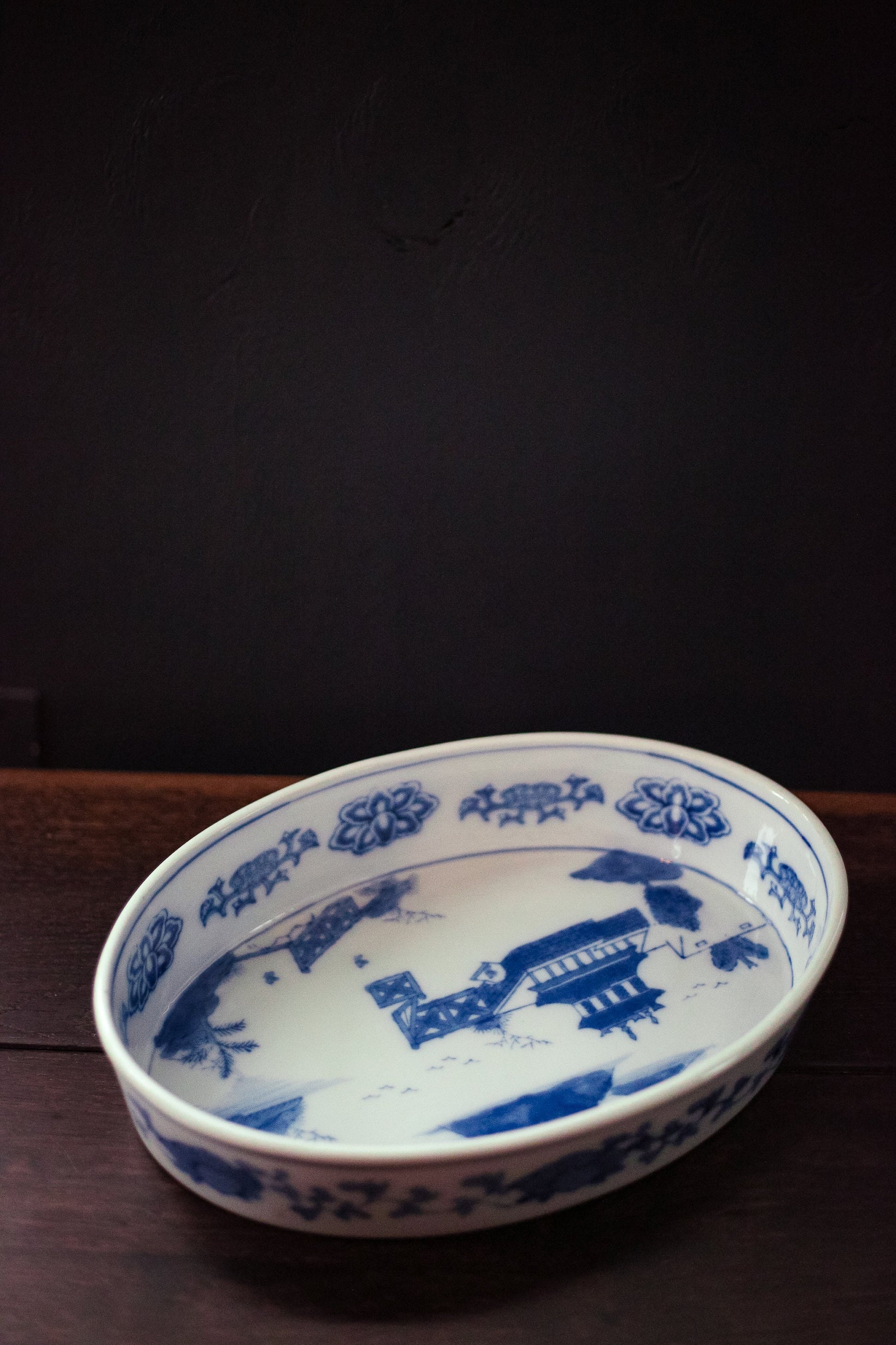 Vintage Oval Blue & White Handpainted Jardiniere - Chinese Scenic Oval Platter