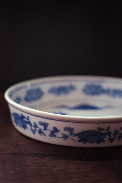 Vintage Oval Blue & White Handpainted Jardiniere - Chinese Scenic Oval Platter