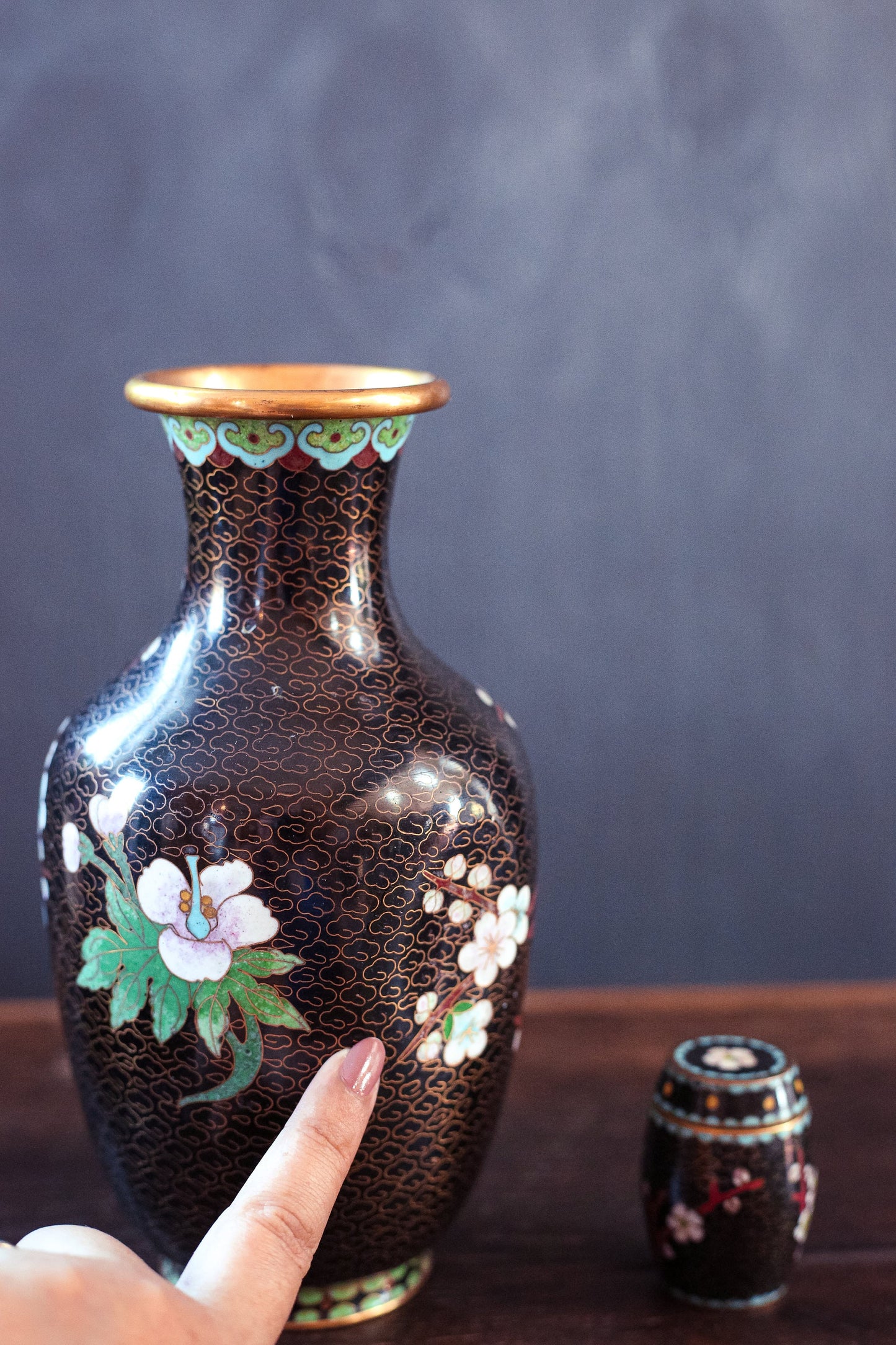 Cloisonné Vase and Match Holder - Vintage Colorful Floral Chinese Cloisonné