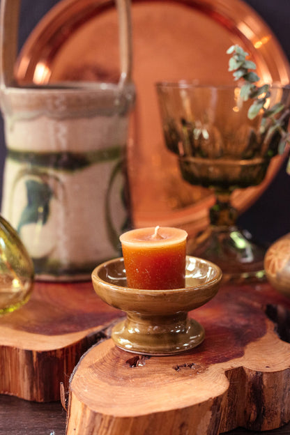 Olive Green Ceramic Candle Holder - Vintage Candle Base