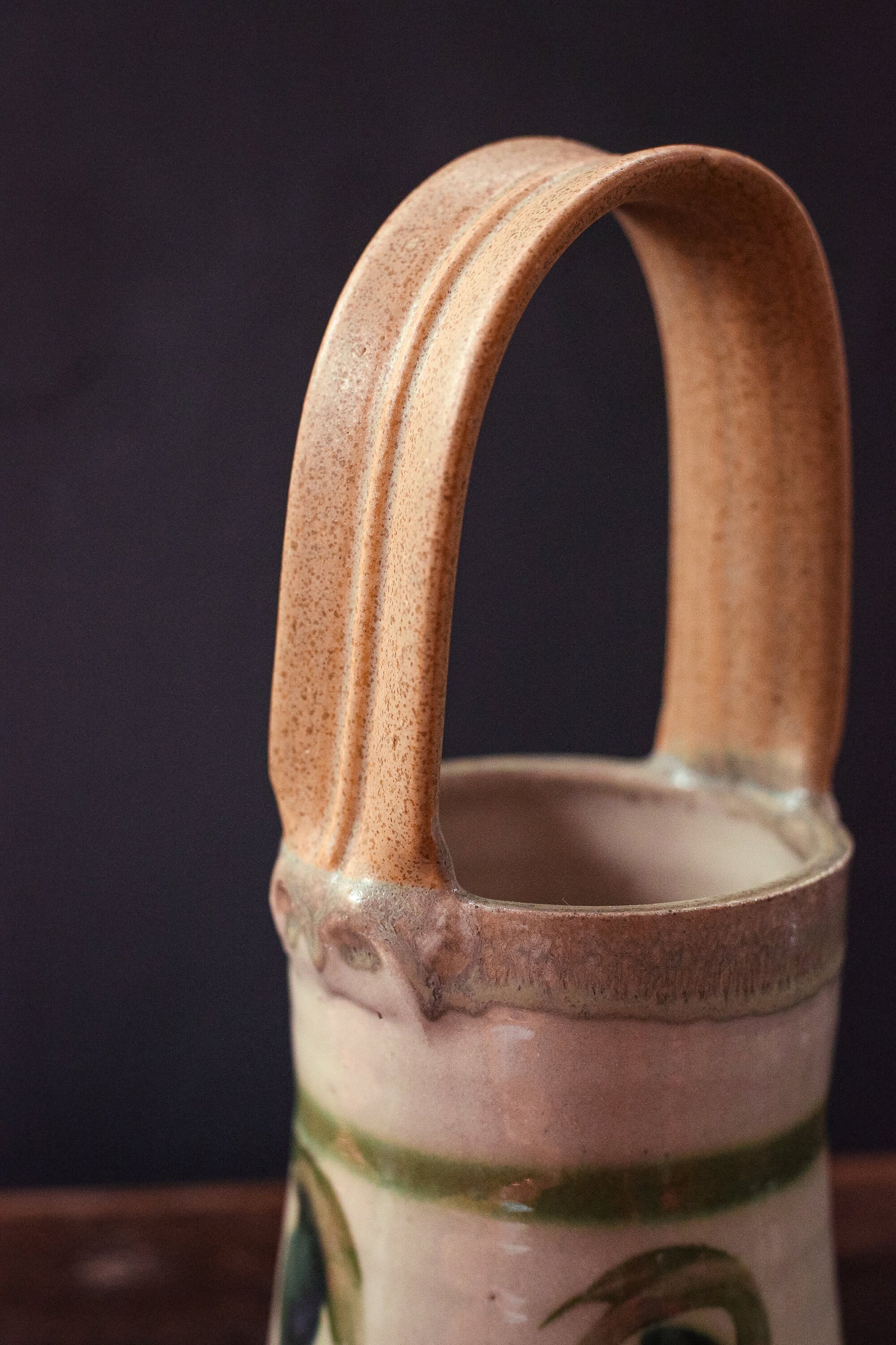 Ecru and Olive Glazed Ceramic Basket Vase - Vintage Studio Pottery Signed RB