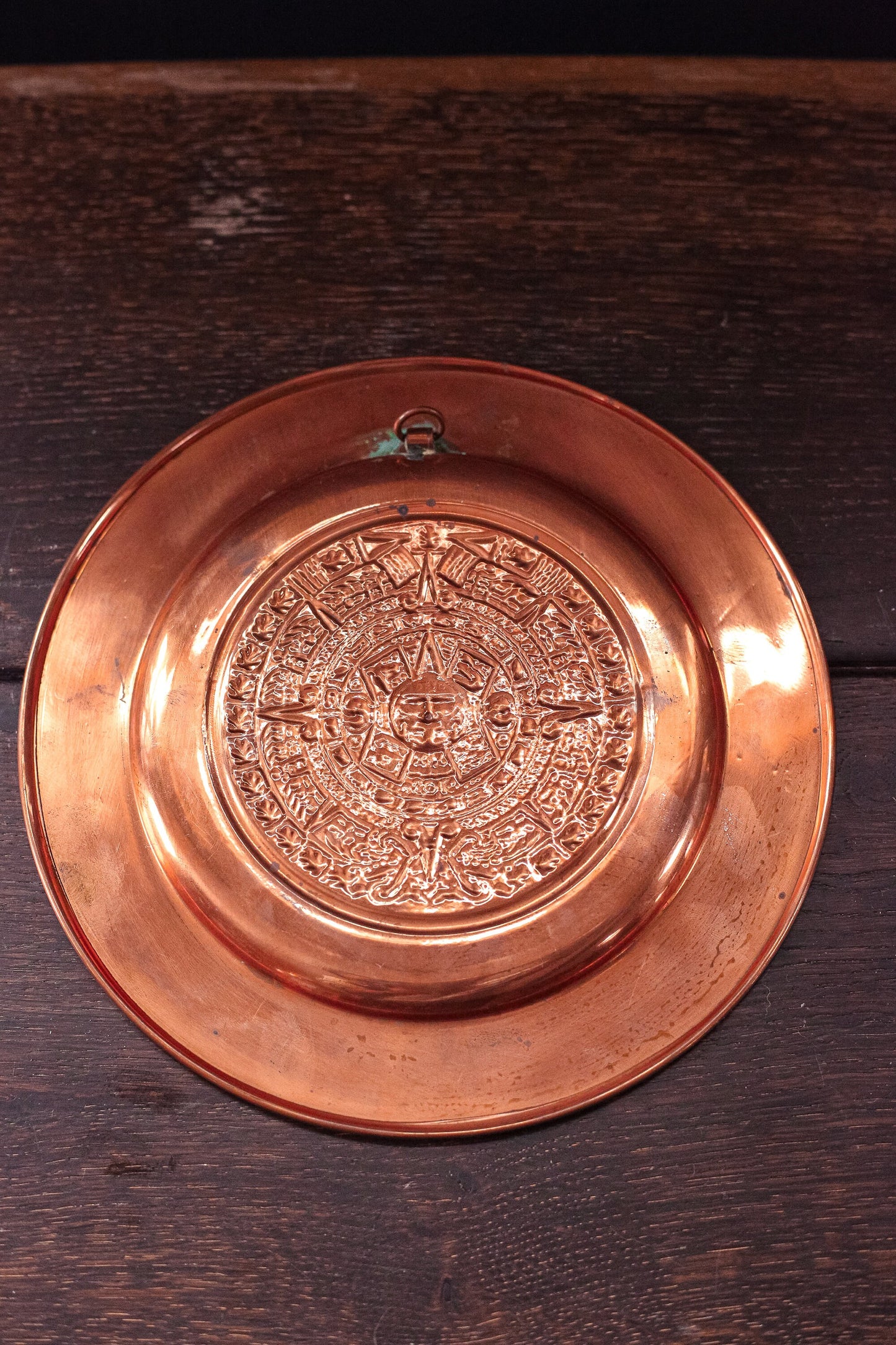 Vintage Mayan Motif Copper Wall Plate - Pressed Copper Wall Hanging