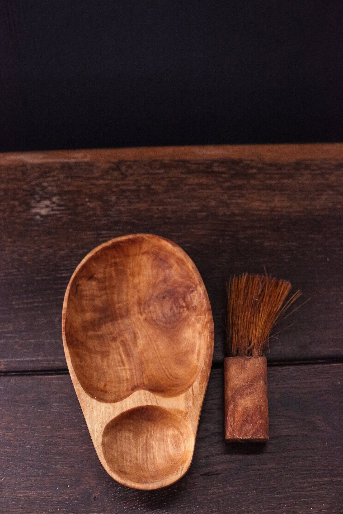 Carved Divided Wood Bowl and Brush
