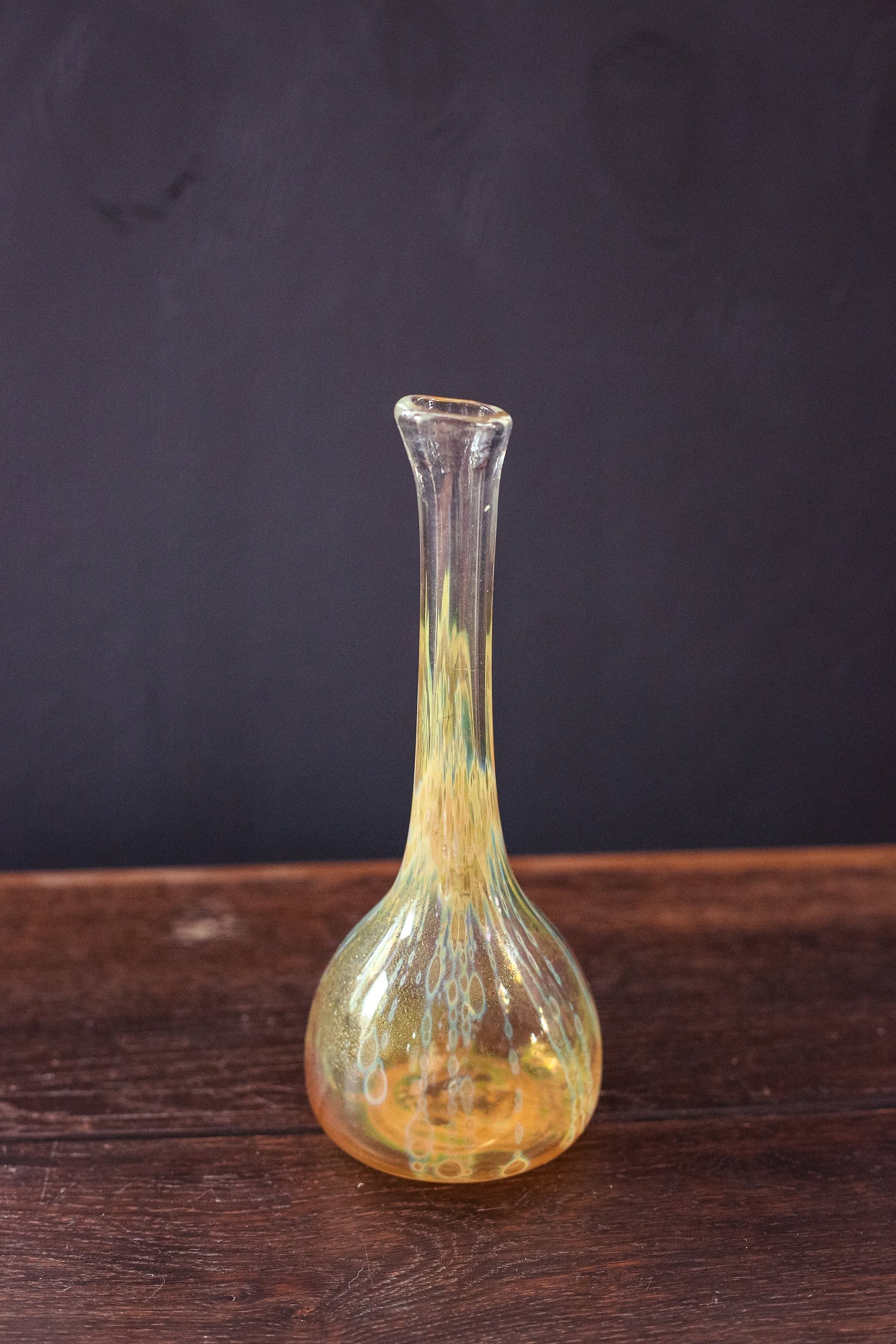 Yellow and Clear Studio Glass Vase with Iridescent Finish - Vintage Hand Blow Glass Bud Vase