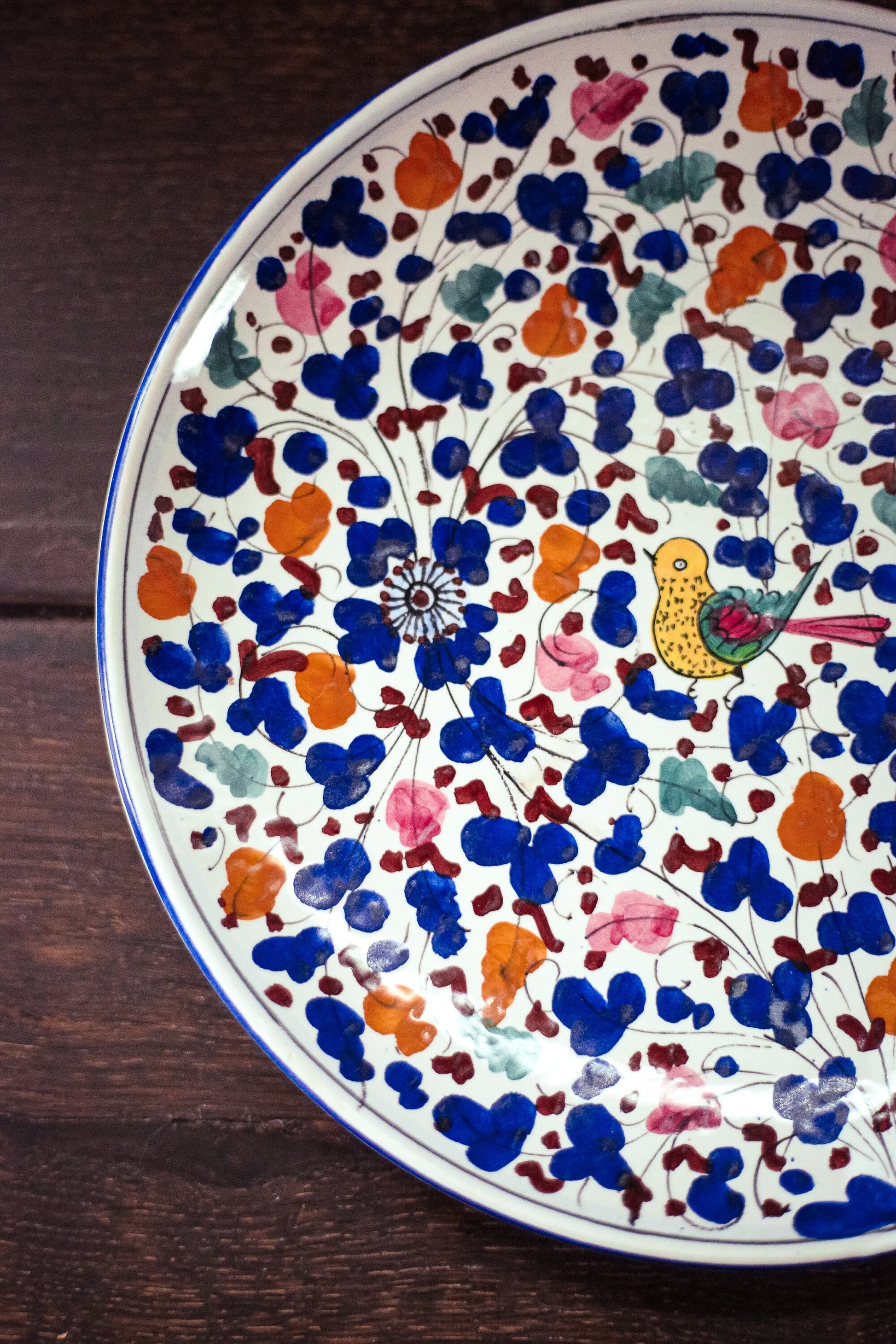 Colorful Handpainted Wall Plate with Bird - Vintage Blue White Plate