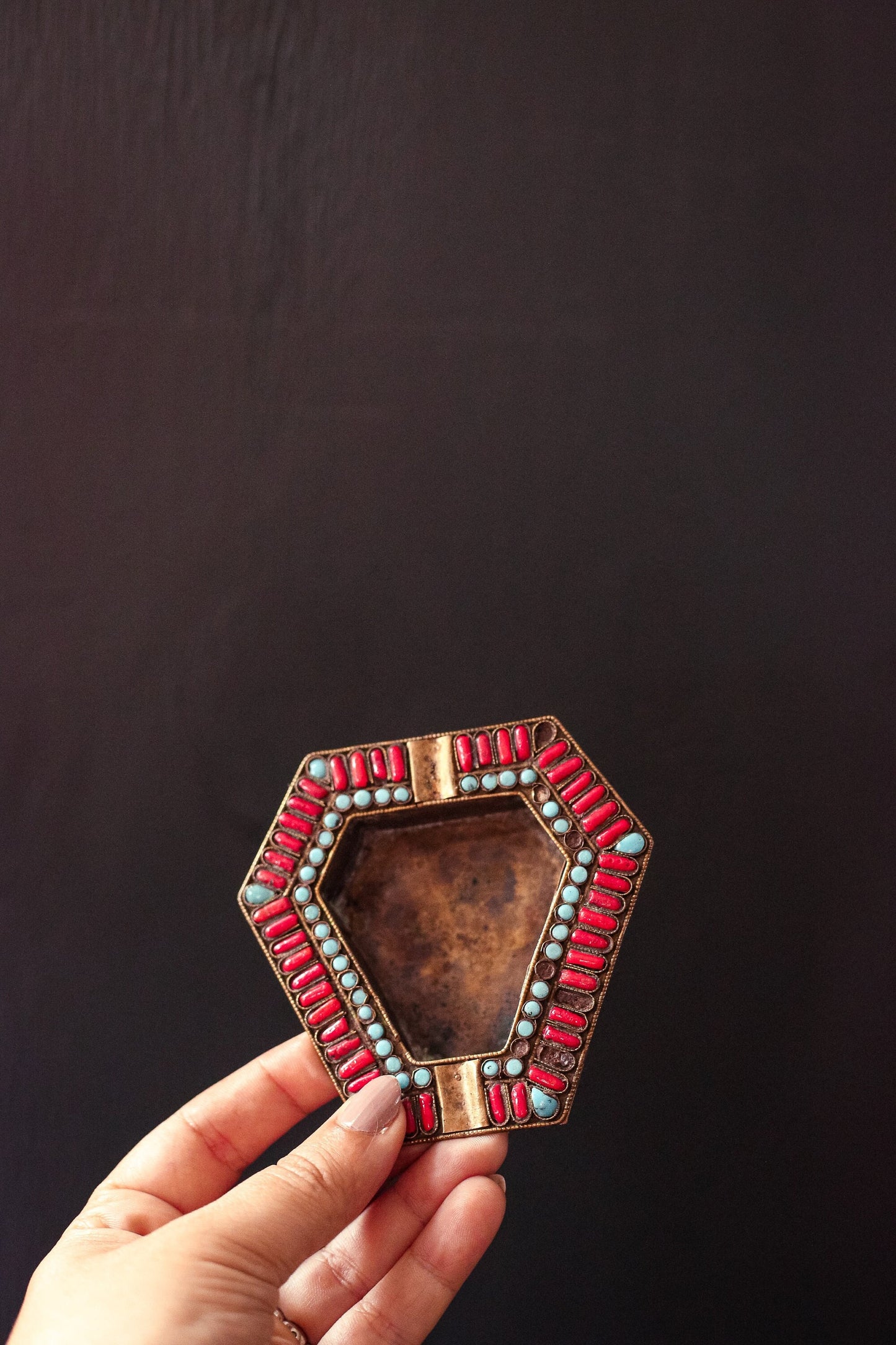 Brass Ashtray with Turquoise and Red Coral - Vintage Tibetan/Nepal Brass Ashtray
