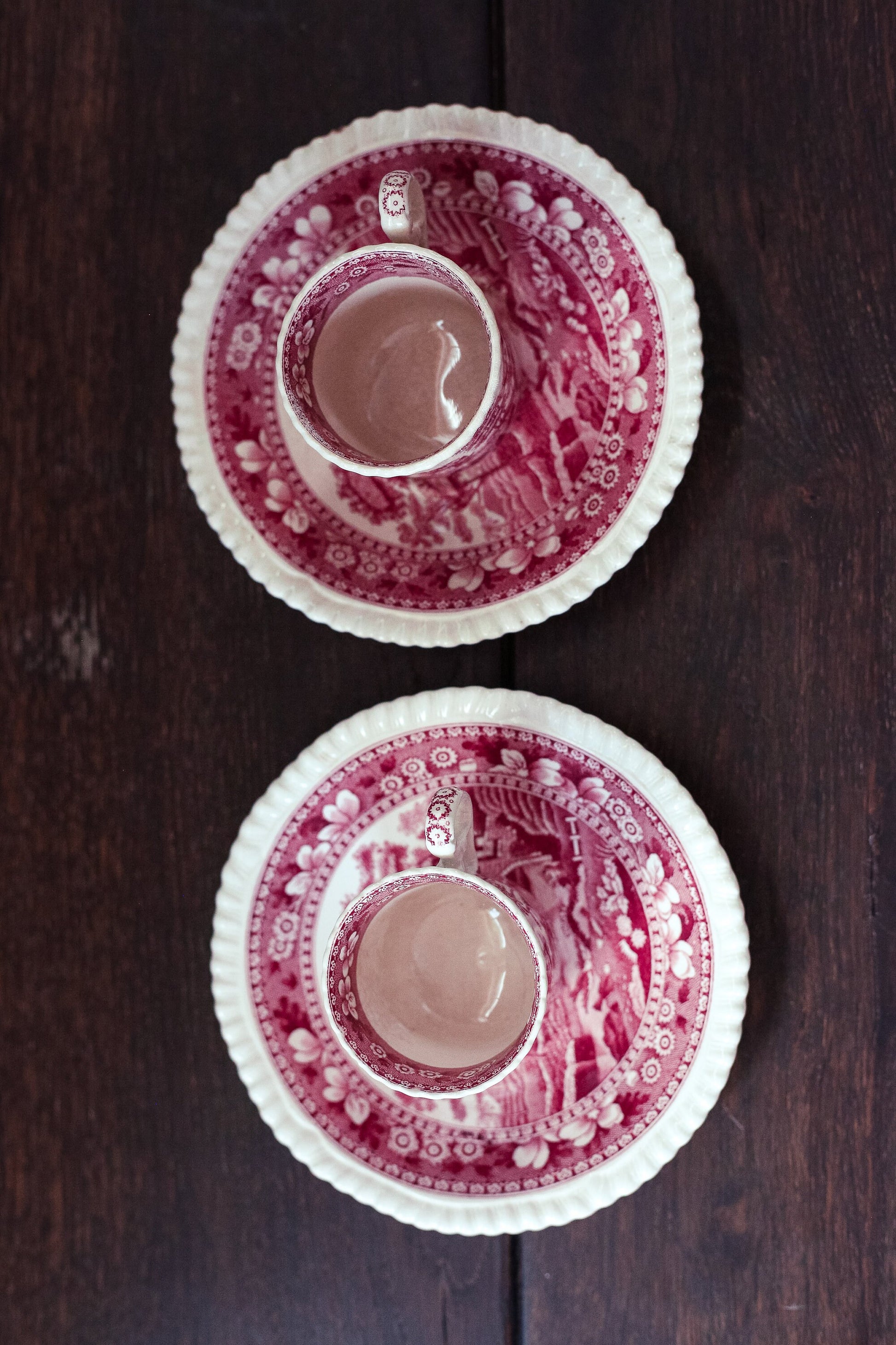 Pair of Copeland Spode Flat Demitasse Cups & Saucers - Vintage Spode England Pink Tower Toleware Tea set Old Mark