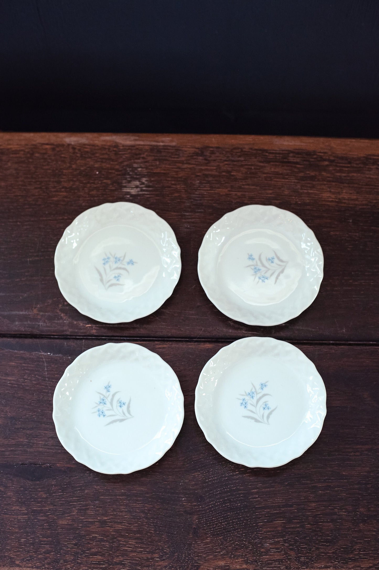 Small Porcelain Plates with Blue & Silver Flowers - Set of 4 Vintage Petite Porcelain Dishes 