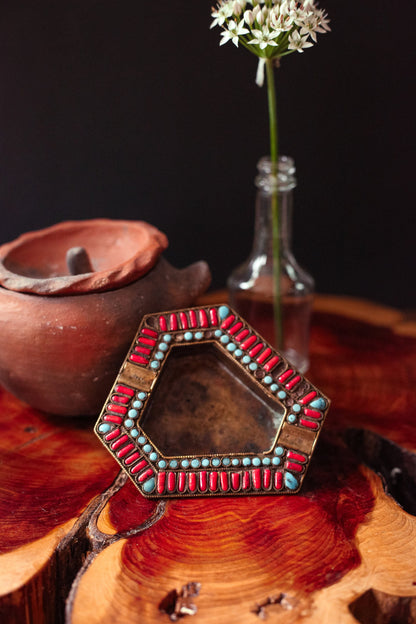 Brass Ashtray with Turquoise and Red Coral - Vintage Tibetan/Nepal Brass Ashtray
