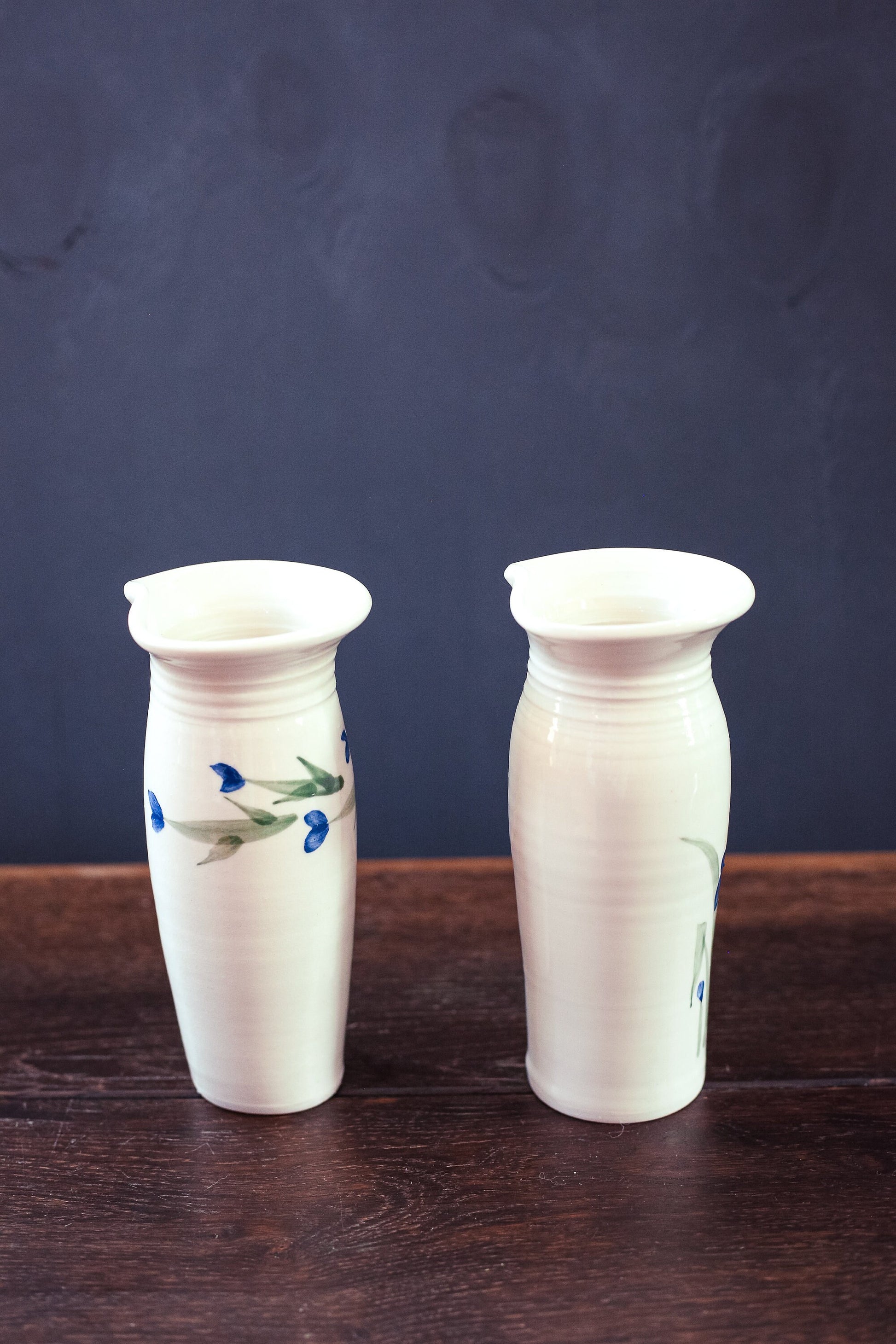 Pair of Hanging Vases with Handpainted Flowers - Vintage Studio Ceramic Wall Vases