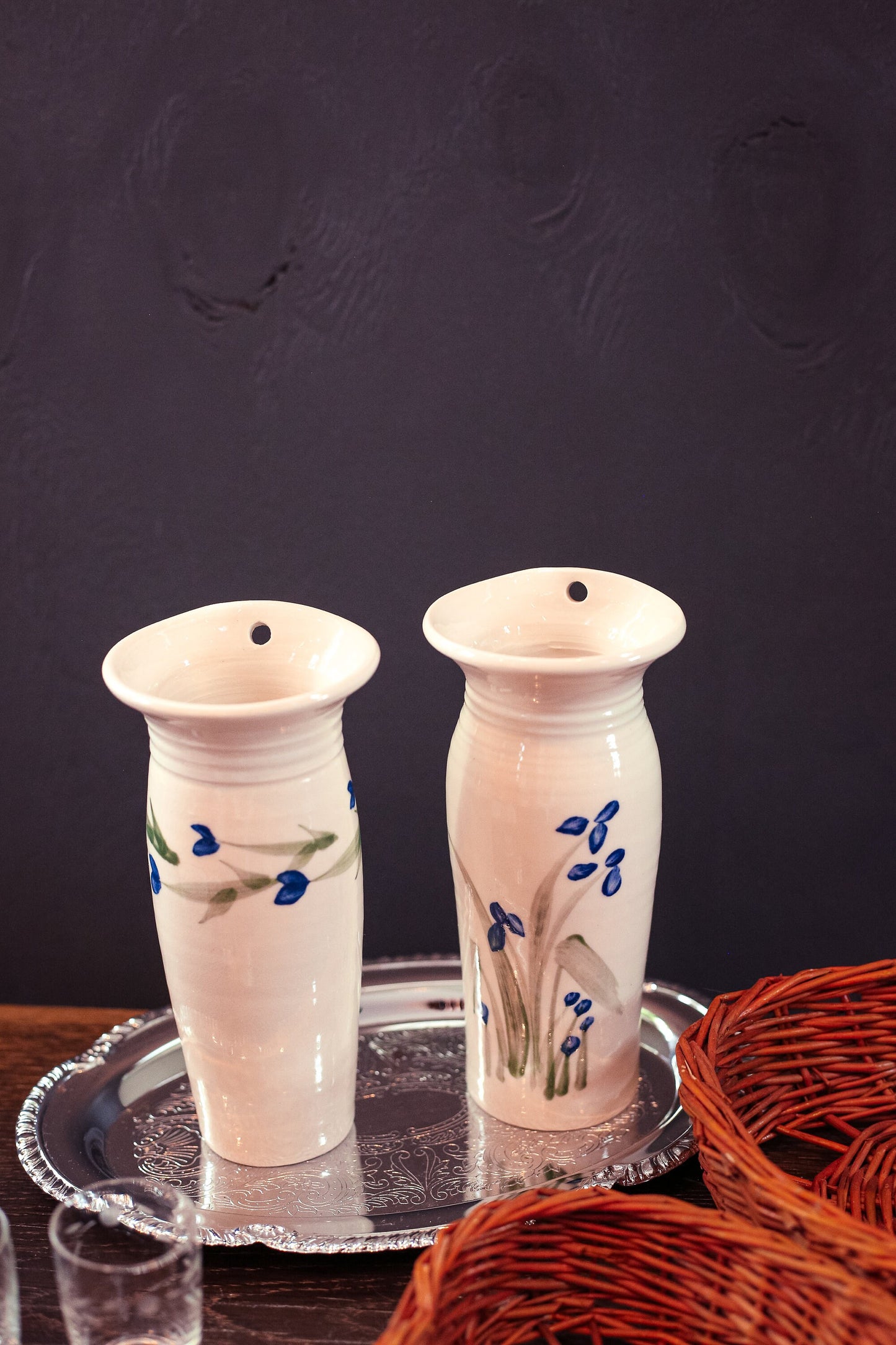 Pair of Hanging Vases with Handpainted Flowers - Vintage Studio Ceramic Wall Vases