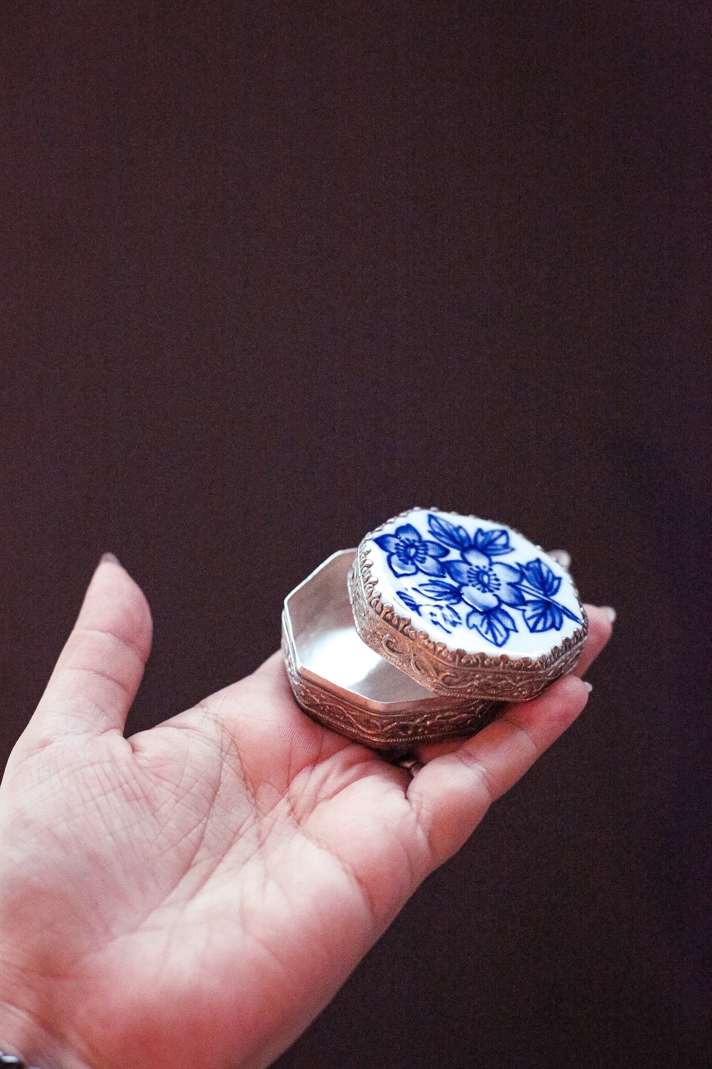 Small Blue & White Lidded Pill Box - Vintage Metal and Ceramic Trinket Box