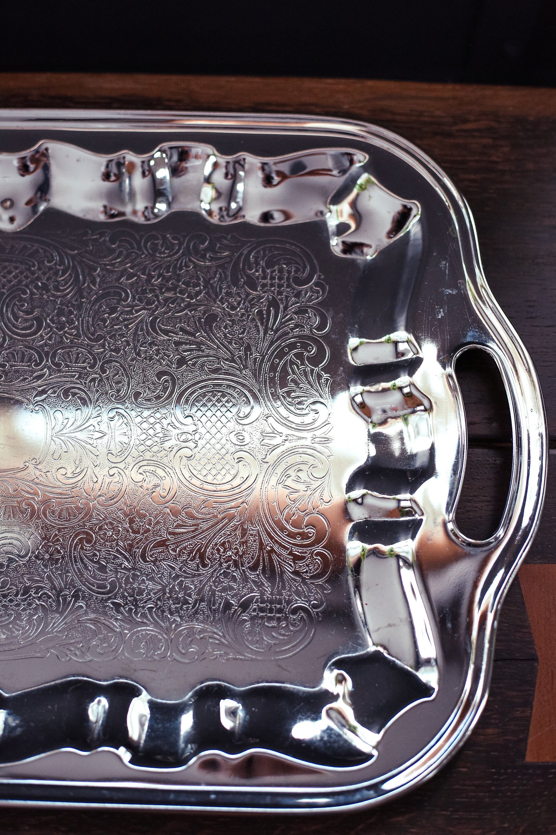Vintage Chrome Serving Tray with Handles - Hellerware Etched Metal Tray
