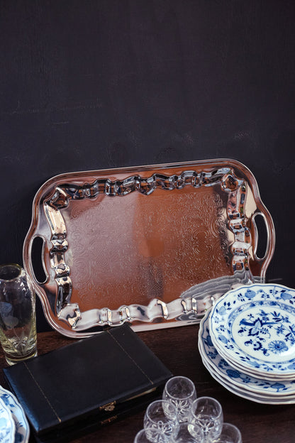 Vintage Chrome Serving Tray with Handles - Hellerware Etched Metal Tray
