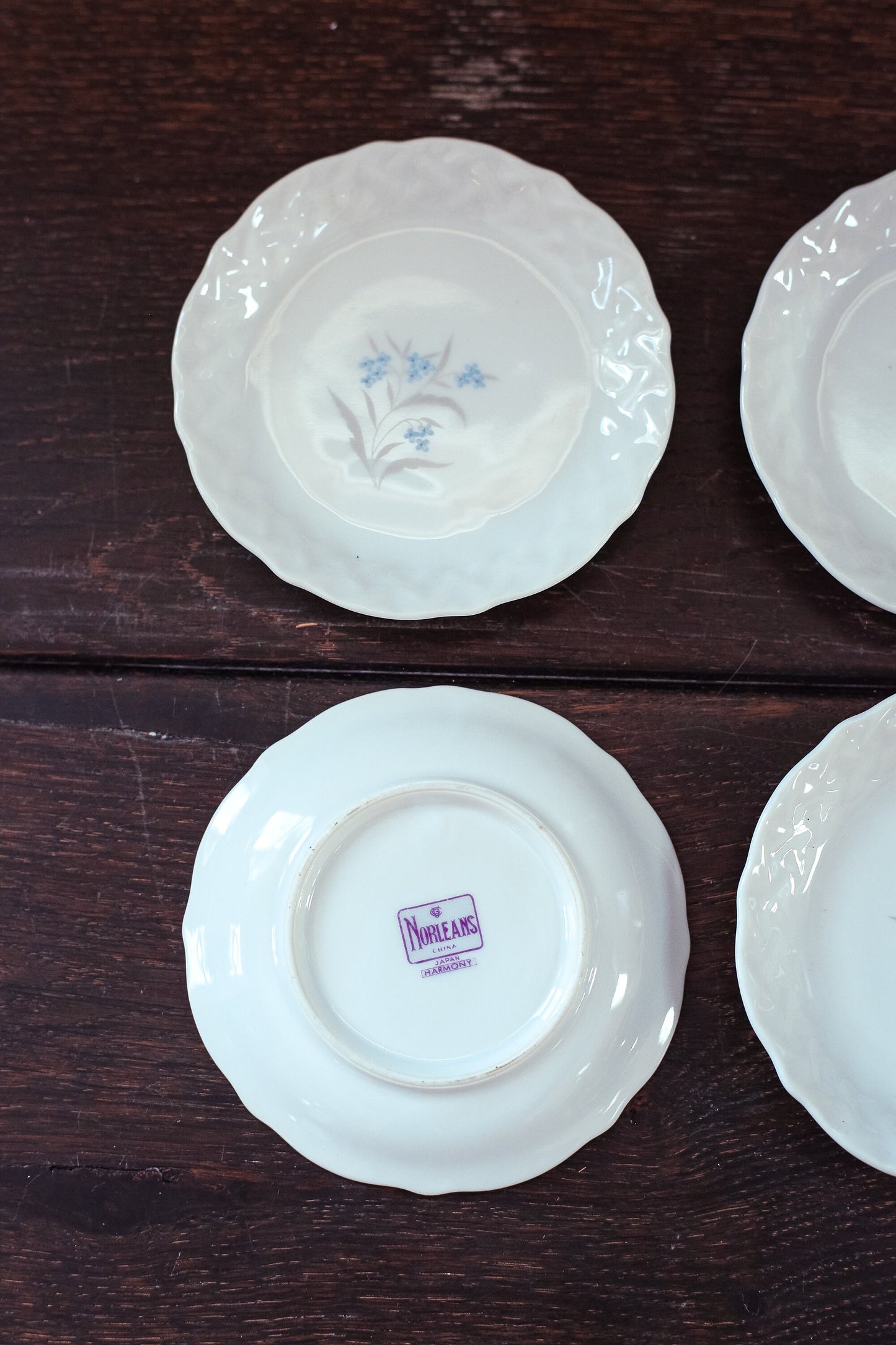 Small Porcelain Plates with Blue & Silver Flowers - Set of 4 Vintage Petite Porcelain Dishes 