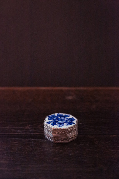 Small Blue & White Lidded Pill Box - Vintage Metal and Ceramic Trinket Box