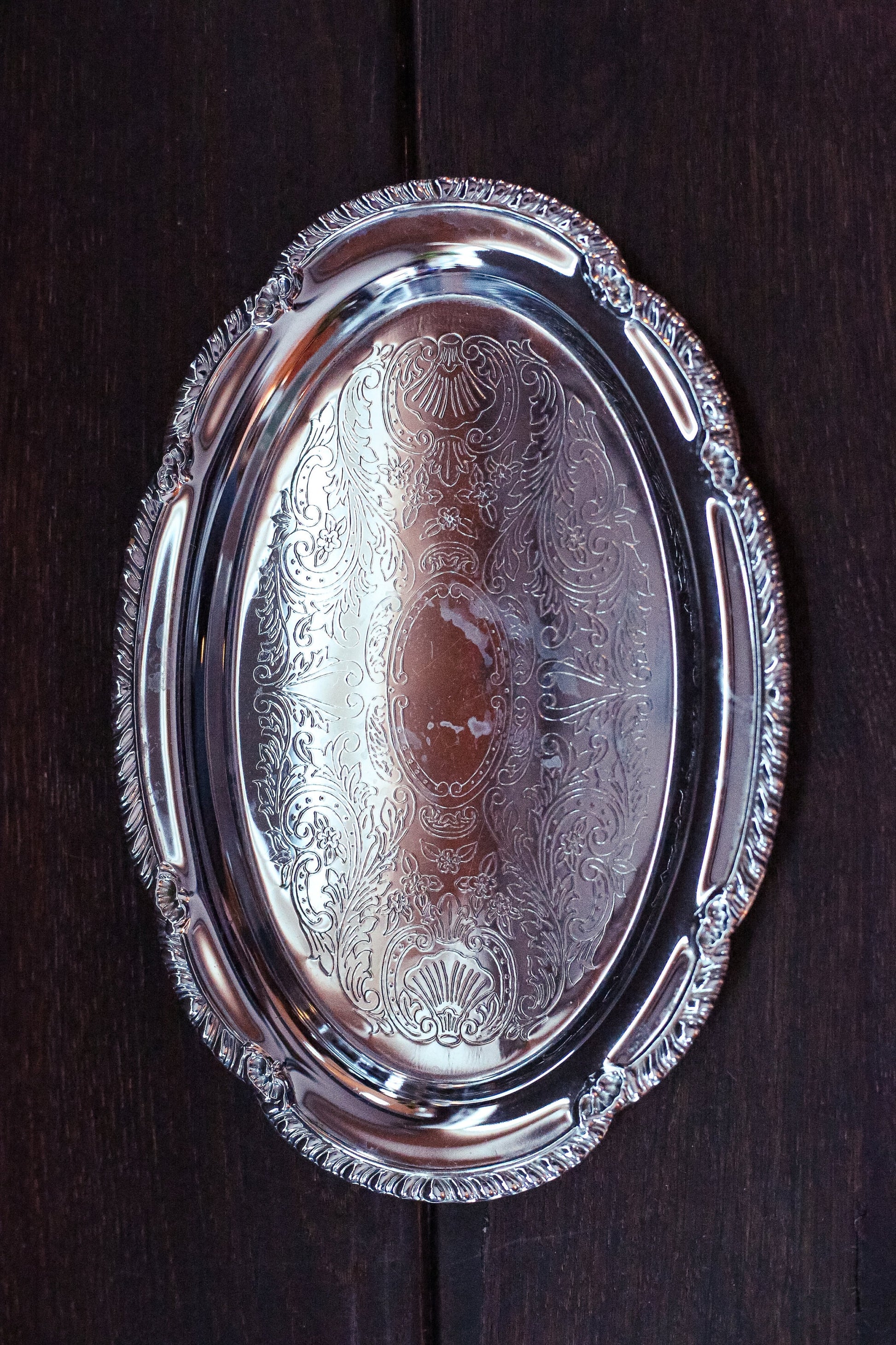 Small Oval Chrome Tray - Vintage Engraved Tray
