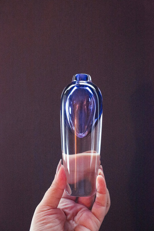 Blue Cased Glass Bud Vase - Vintage Signed Studio Blown Glass Vase
