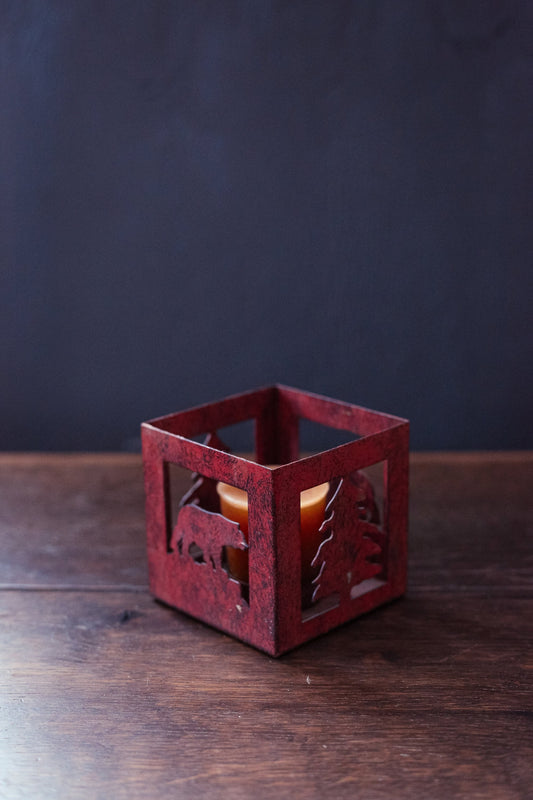 Metal Candle Votive Holder with Bear Tree Cutouts - Vintage Metal Votive with Forest Scene
