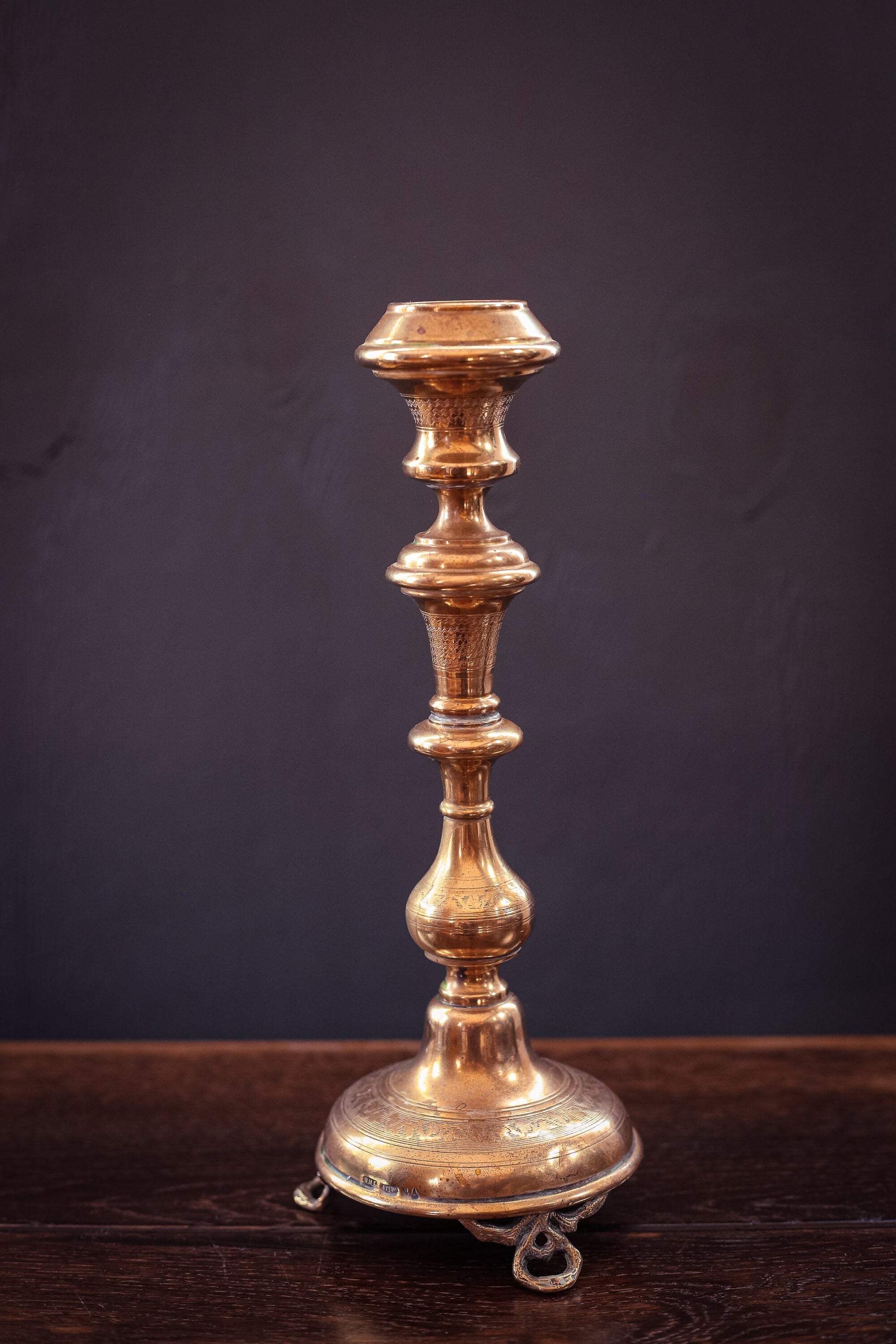 Tall Brass Engraved Candlestick Holder with Decorative Feet - Vintage Brass Candle Base
