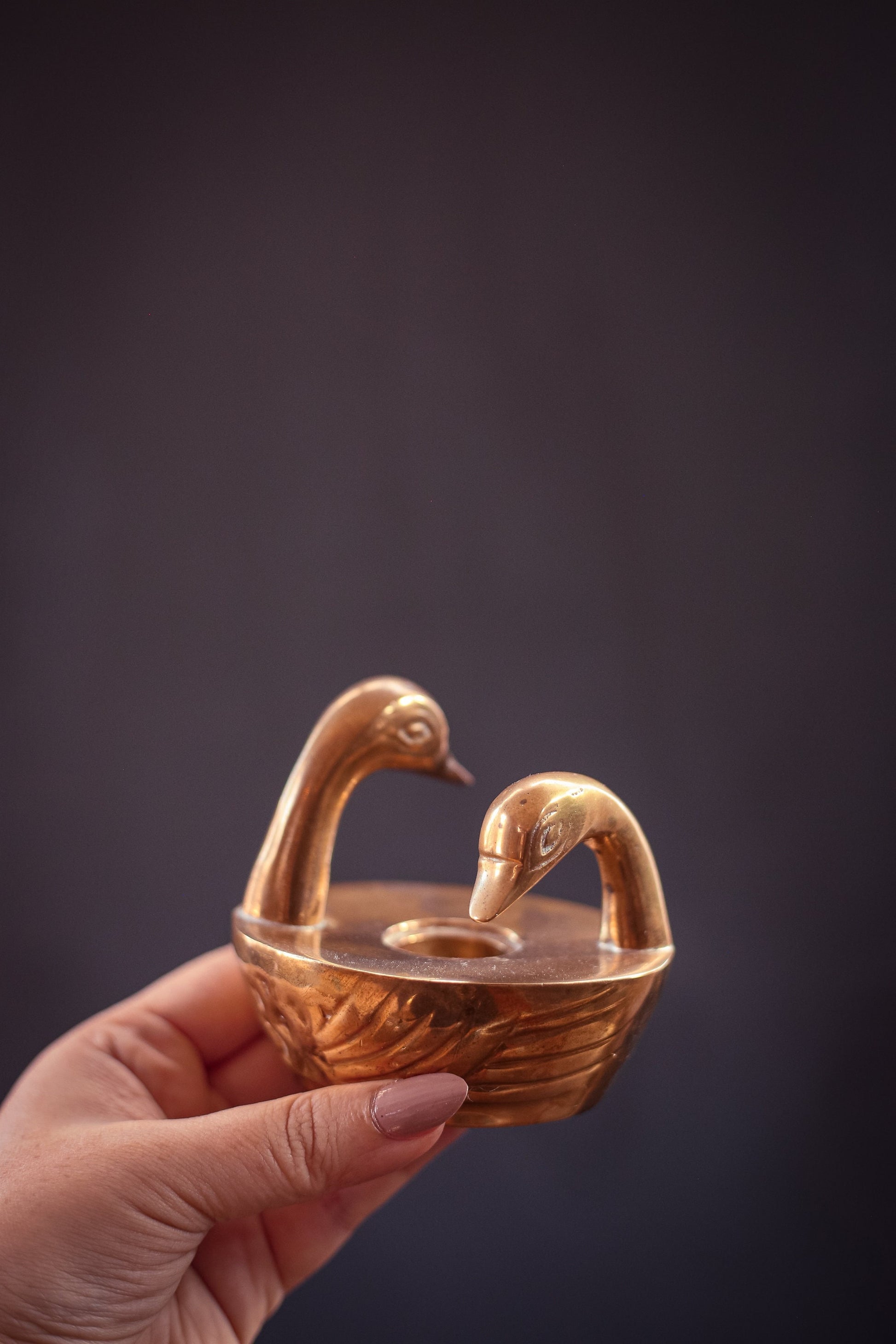 Two Headed Swan Brass Candle Holder - Vintage Midcentury Modern Brass Candle with Swan Heads