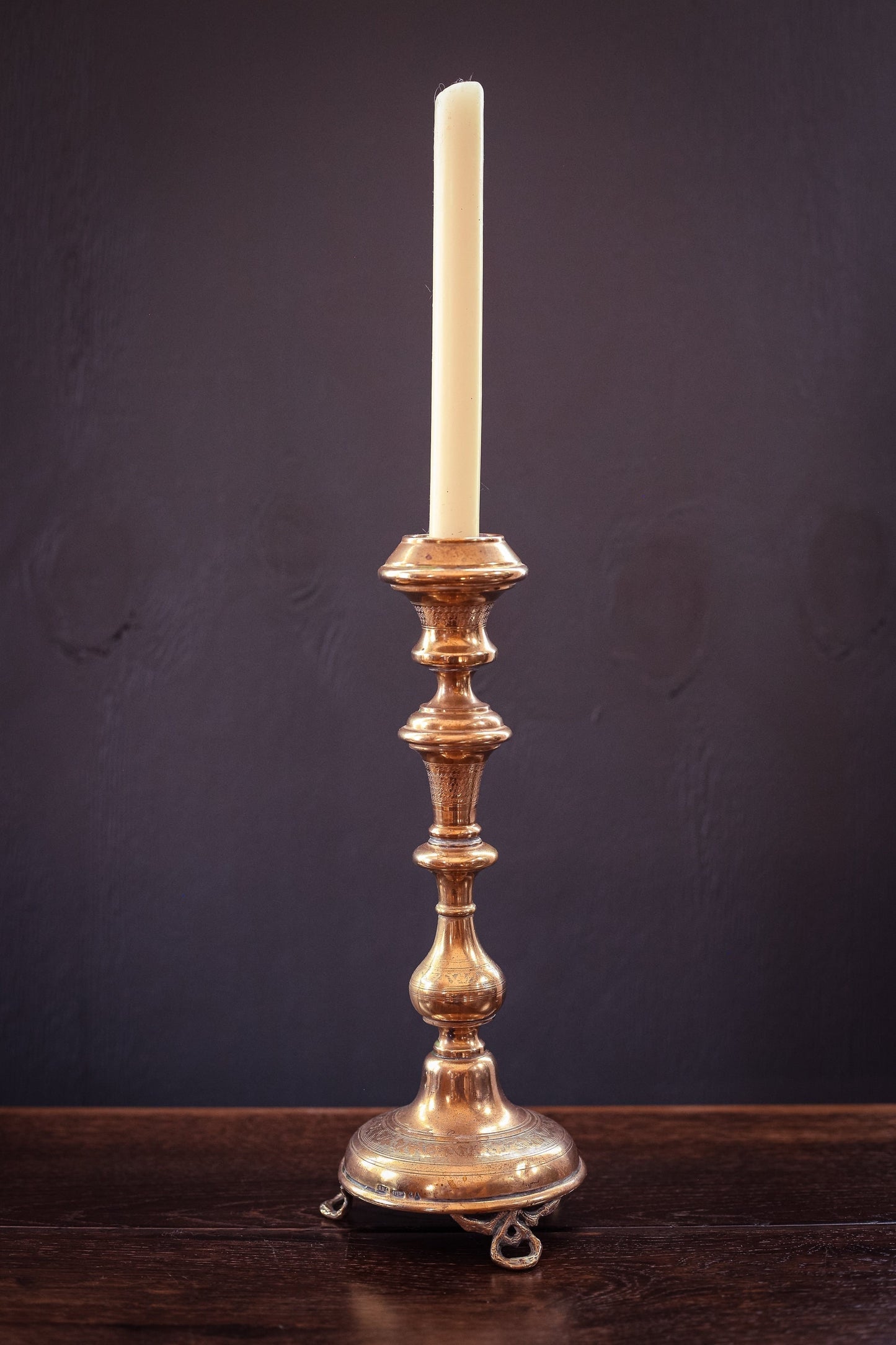 Tall Brass Engraved Candlestick Holder with Decorative Feet - Vintage Brass Candle Base