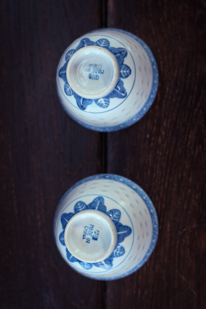 Pair of Porcelain Tea Cups - Vintage Chinese Blue White Tea Set