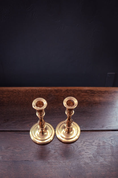 Pair of Solid Brass Candle Holders - Vintage Midcentury Modern Brass Candle Base