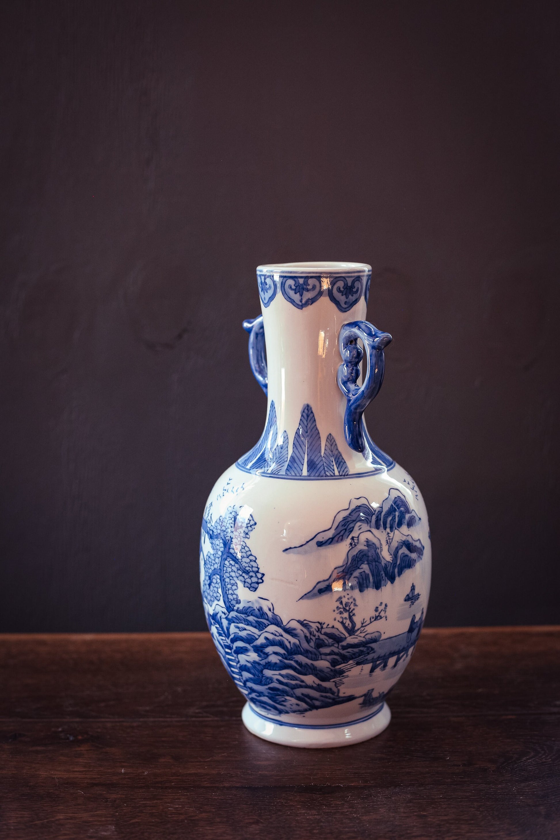 Tall Blue White Scenic Porcelain Vase with Handles - Vintage Chinese Hand Painted Scenic Vase