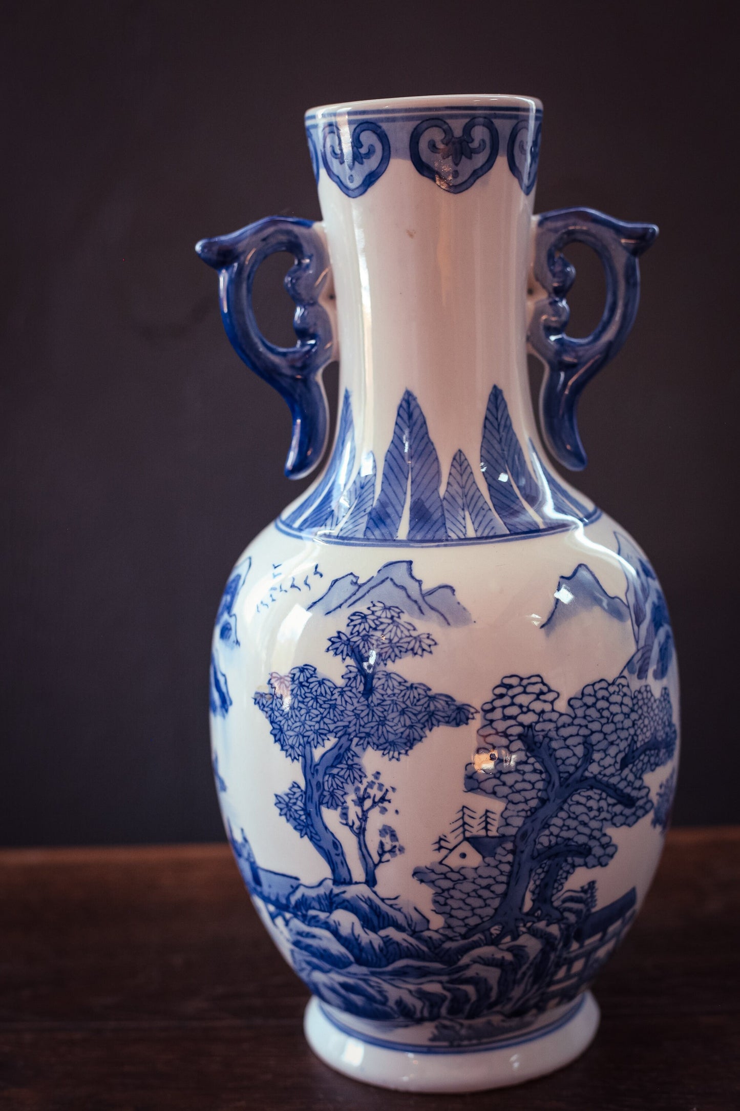 Tall Blue White Scenic Porcelain Vase with Handles - Vintage Chinese Hand Painted Scenic Vase