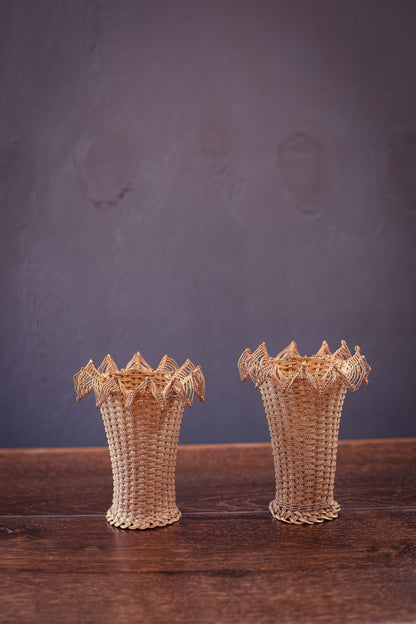 Pair of French Style Woven Brass Wire Basket Vases - Vintage Brass Wire Vases set of 2