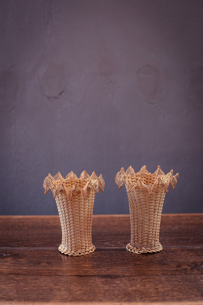 Pair of French Style Woven Brass Wire Basket Vases - Vintage Brass Wire Vases set of 2