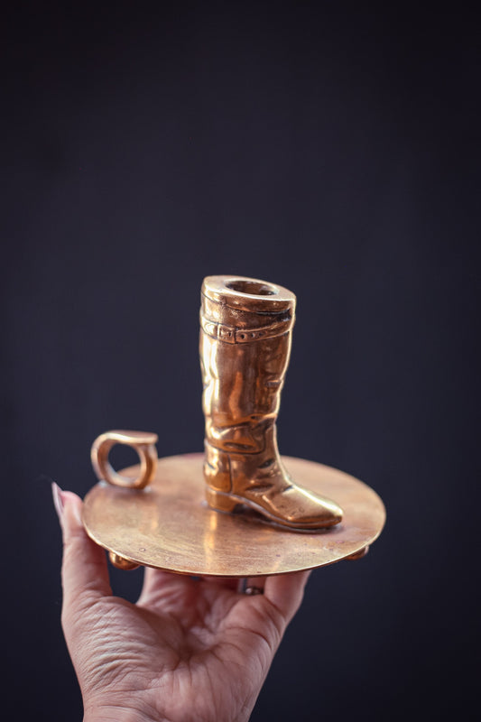 Brass Boot Chamber Candle Holder - Vintage Solid Brass Cowboy Boot Disc Candle Base