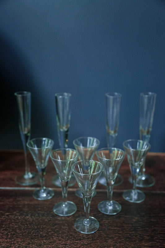 Minimal Midcentury Modern Glass Collection - Vintage MCM Barware 10 pieces Shot Glasses with Stems