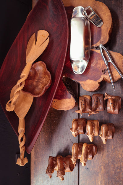 Wood Hand Carved Elephant Spiral Serving Set - Vintage Safari Spoon/ Ladle/ Salad Servers