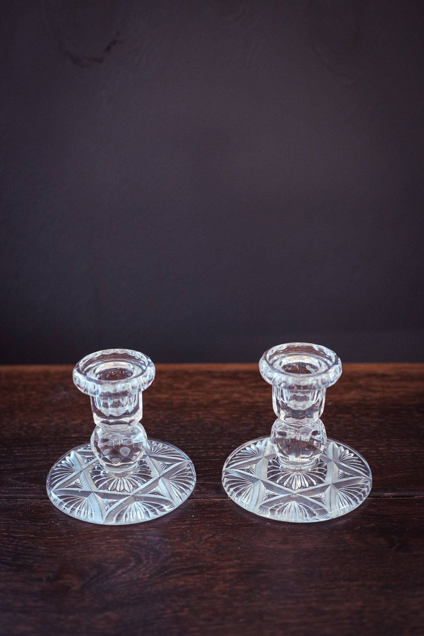 Pair of Crystal Carved Candle Holders - Set of 2 Vintage Cut Glass Candle Bases