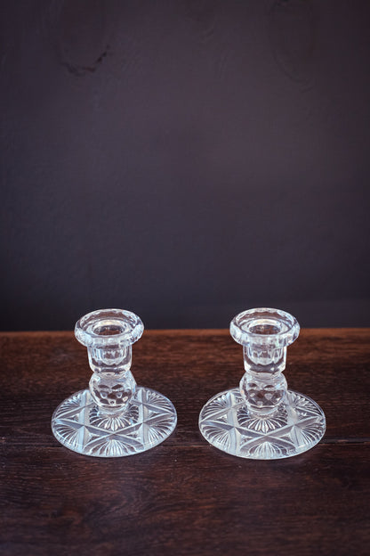 Pair of Crystal Carved Candle Holders - Set of 2 Vintage Cut Glass Candle Bases