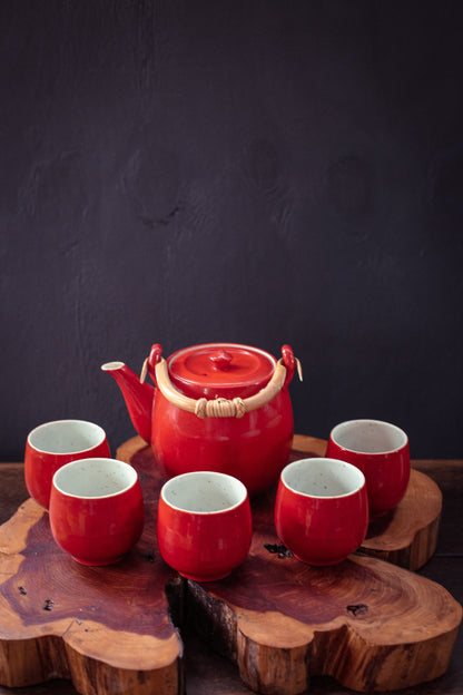 Orange/Red Teapot with Bamboo Handle and 5 cups - Vintage Tea Set 6 pieces