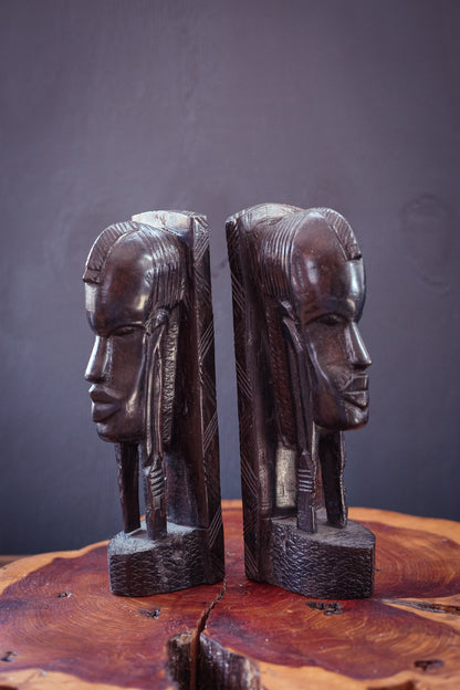 Wooden Carved Head Bookends - Vintage African Carved Wood Book Ends