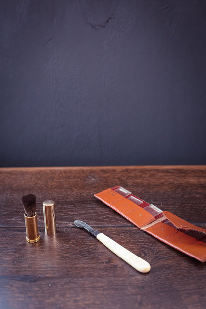 Vintage Office Desk Tools - Retractable Brush, Bone Handle Ink Eraser, Leather Stamp Holder